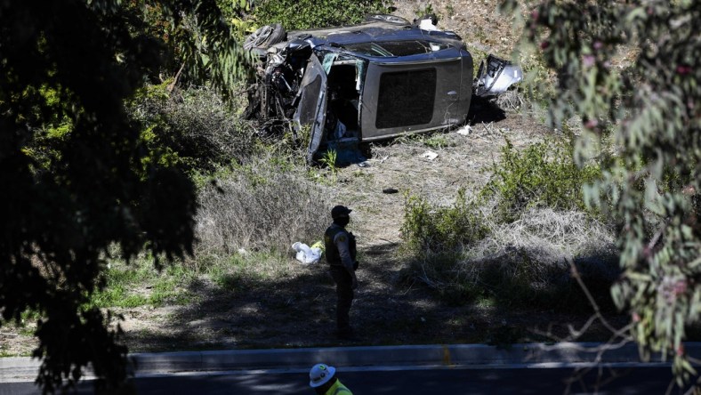 Feb 23, 2021; Rancho Palos Verdes, CA, USA; The vehicle of Tiger Woods after he was involved in a rollover accident in Rancho Palos Verdes on February 23, 2021. Woods had to be extricated from the wreck with the "jaws of life" by LA County firefighters, and is currently hospitalized. Mandatory Credit: Harrison Hill-USA TODAY