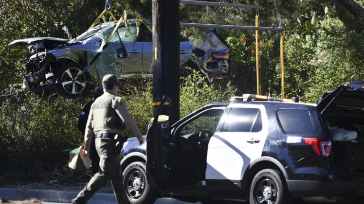 Feb 23, 2021; Rancho Palos Verdes, CA, USA; The vehicle of Tiger Woods after he was involved in a rollover accident in Rancho Palos Verdes on February 23, 2021. Woods had to be extricated from the wreck with the "jaws of life" by LA County firefighters, and is currently hospitalized. Mandatory Credit: Harrison Hill-USA TODAY