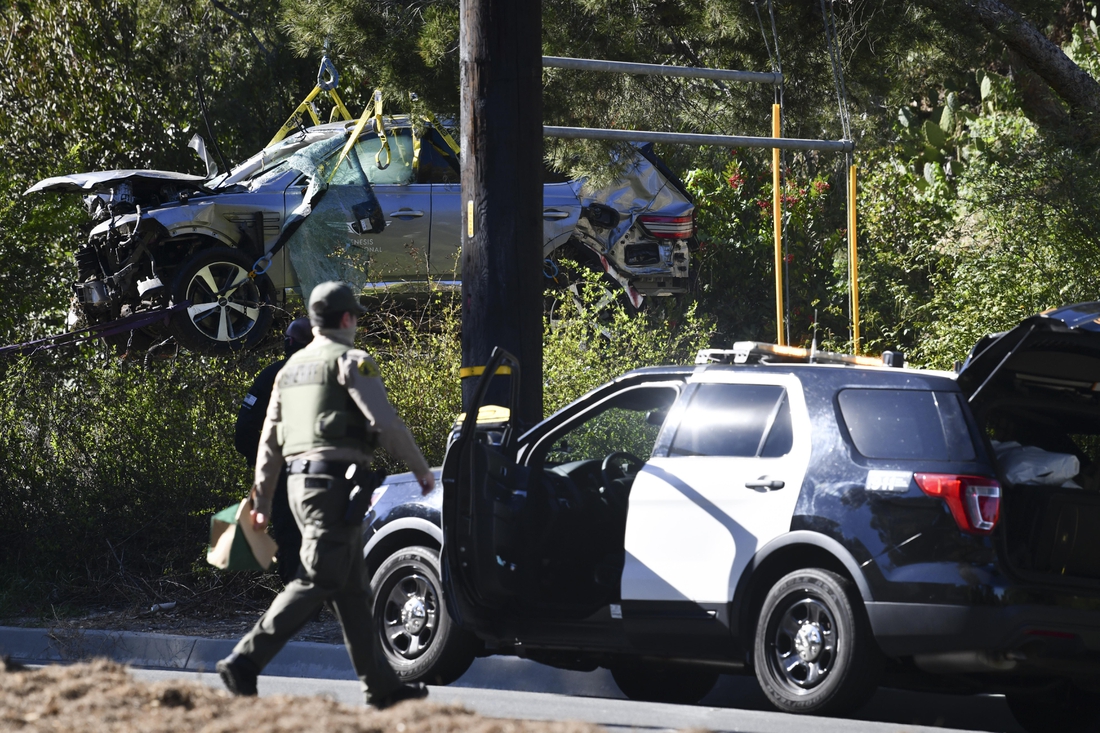 Feb 23, 2021; Rancho Palos Verdes, CA, USA; The vehicle of Tiger Woods after he was involved in a rollover accident in Rancho Palos Verdes on February 23, 2021. Woods had to be extricated from the wreck with the "jaws of life" by LA County firefighters, and is currently hospitalized. Mandatory Credit: Harrison Hill-USA TODAY