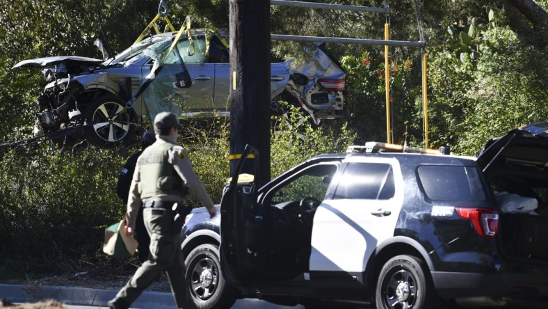 Feb 23, 2021; Rancho Palos Verdes, CA, USA; The vehicle of Tiger Woods after he was involved in a rollover accident in Rancho Palos Verdes on February 23, 2021. Woods had to be extricated from the wreck with the "jaws of life" by LA County firefighters, and is currently hospitalized. Mandatory Credit: Harrison Hill-USA TODAY