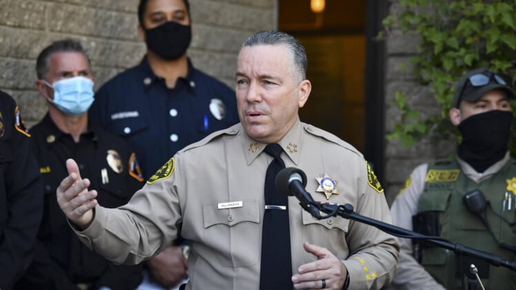 Feb 23, 2021; Rancho Palos Verdes, CA, USA; Alex Villanueva, Sheriff for the LA County Police Department speaks at a press conference about an accident involving Tiger Woods at Lomita County Sheriff's Station. Mandatory Credit: Harrison Hill-USA TODAY