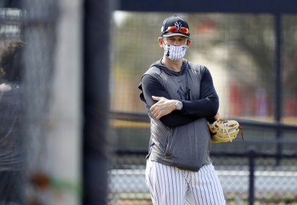Feb 25, 2021; Tampa, Florida, USA; New York Yankees manager Aaron Boone (17) looks on during spring training at the Yankees player development complex. Mandatory Credit: Kim Klement-USA TODAY Sports