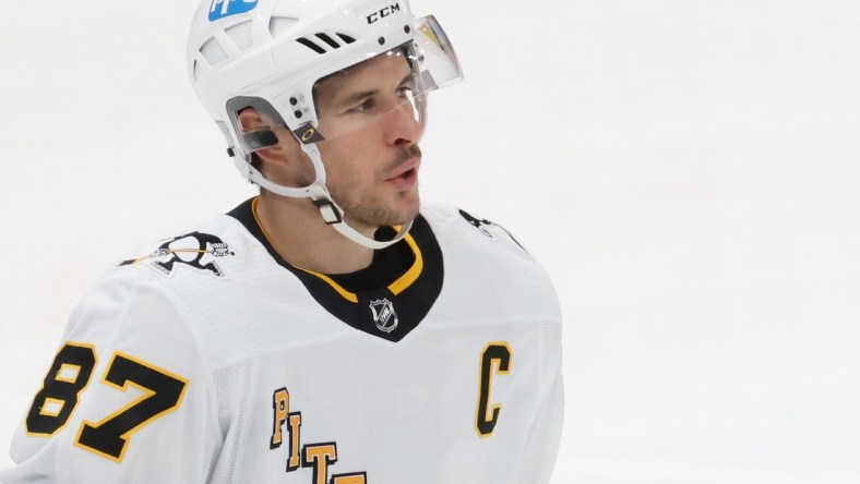 Feb 23, 2021; Washington, District of Columbia, USA; Pittsburgh Penguins center Sidney Crosby (87) stands on the ice against the Washington Capitals at Capital One Arena. Mandatory Credit: Geoff Burke-USA TODAY Sports