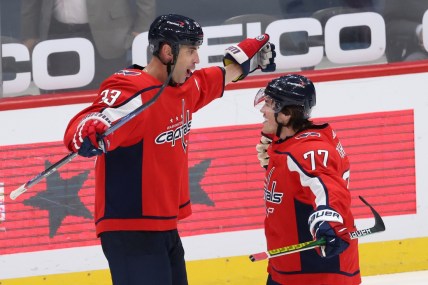 Feb 25, 2021; Washington, District of Columbia, USA; Washington Capitals defenseman Zdeno Chara (33) celebrates with Capitals right wing T.J. Oshie (77) after their game against the Pittsburgh Penguins at Capital One Arena. Mandatory Credit: Geoff Burke-USA TODAY Sports