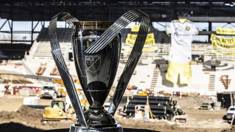 Mar 2, 2021; Columbus, Ohio, USA; A general view of th 2020 MLS Cup during the Columbus Crew SC 2021 kit unveiling event at New Crew Stadium. Mandatory Credit: Greg Bartram-USA TODAY Sports