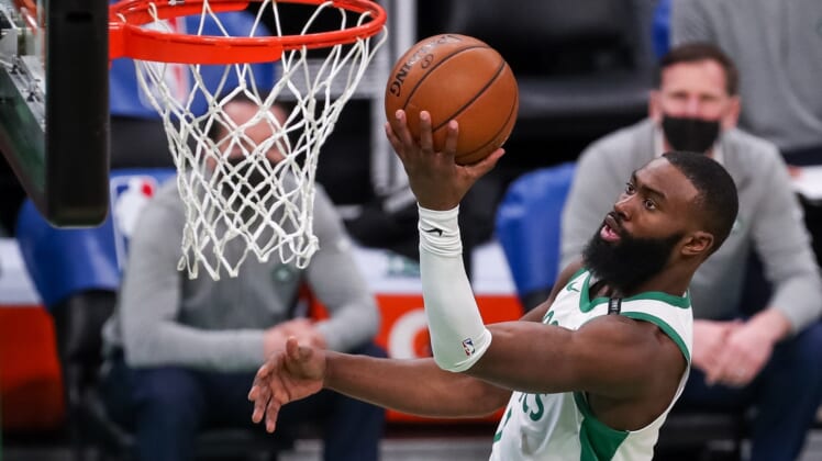 Mar 2, 2021; Boston, Massachusetts, USA; Boston Celtics guard Jaylen Brown (7) goes to the basket during the first half against the Los Angeles Clippers at TD Garden. Mandatory Credit: Paul Rutherford-USA TODAY Sports