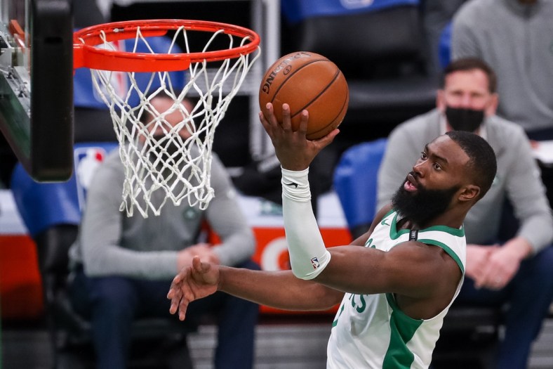 Mar 2, 2021; Boston, Massachusetts, USA; Boston Celtics guard Jaylen Brown (7) goes to the basket during the first half against the Los Angeles Clippers at TD Garden. Mandatory Credit: Paul Rutherford-USA TODAY Sports
