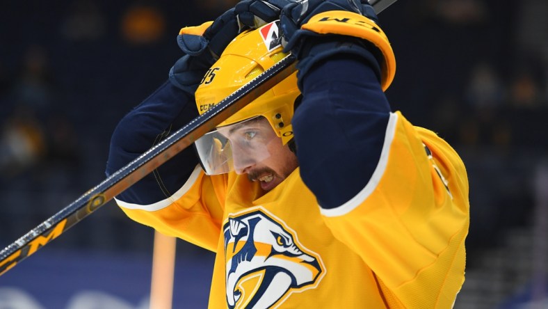 Mar 2, 2021; Nashville, Tennessee, USA; Nashville Predators center Matt Duchene (95) reacts after being stopped on a shot during the third period against the Carolina Hurricanes at Bridgestone Arena. Mandatory Credit: Christopher Hanewinckel-USA TODAY Sports