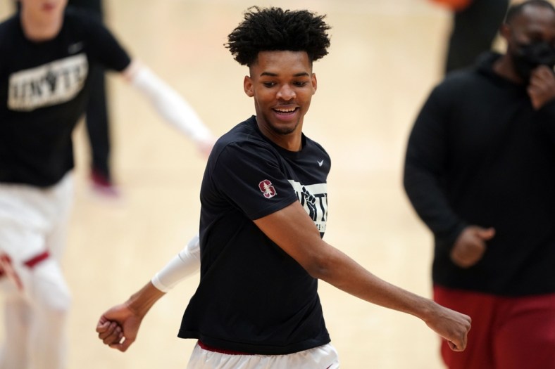 Feb 27, 2021; Stanford, California, USA; Stanford Cardinal forward Ziaire Williams (3) warms up before the game against the Oregon State Beavers at Maples Pavilion. Mandatory Credit: Darren Yamashita-USA TODAY Sports