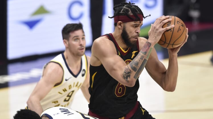 Mar 3, 2021; Cleveland, Ohio, USA; Cleveland Cavaliers center JaVale McGee (6) rebounds in the second quarter against the Indiana Pacers at Rocket Mortgage FieldHouse. Mandatory Credit: David Richard-USA TODAY Sports
