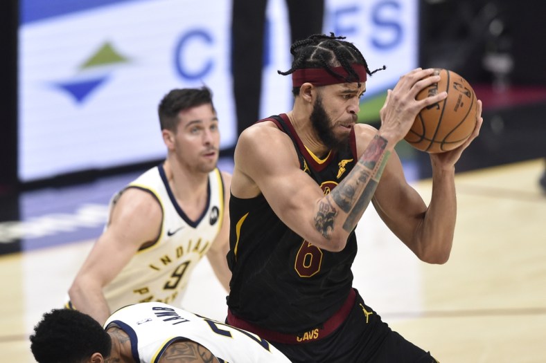 Mar 3, 2021; Cleveland, Ohio, USA; Cleveland Cavaliers center JaVale McGee (6) rebounds in the second quarter against the Indiana Pacers at Rocket Mortgage FieldHouse. Mandatory Credit: David Richard-USA TODAY Sports