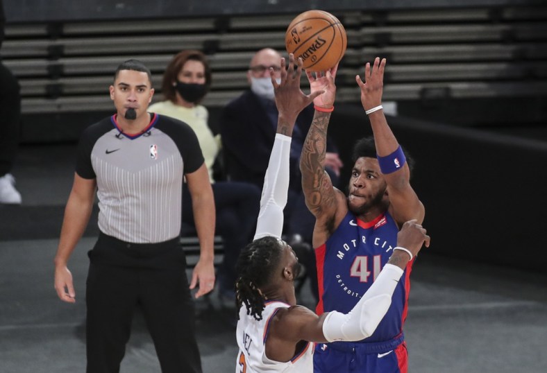 Mar 4, 2021; New York, New York, USA;  Detroit Pistons forward Saddiq Bey (41) takes a jump shot in the first quarter against the New York Knicks at Madison Square Garden. Mandatory Credit: Wendell Cruz-USA TODAY Sports