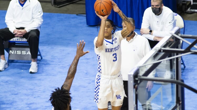 Mar 6, 2021; Lexington, Kentucky, USA; Kentucky Wildcats guard Brandon Boston Jr (3) shoots a three-pointer during  the second half of the game against the South Carolina Gamecocks at Rupp Arena at Central Bank Center. Mandatory Credit: Arden Barnes-USA TODAY Sports