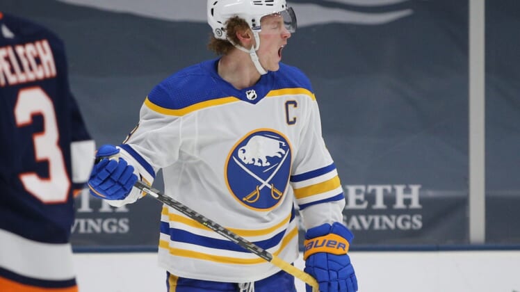 Mar 6, 2021; Uniondale, New York, USA; Buffalo Sabres center Jack Eichel (9) reacts during the third period against the New York Islanders at Nassau Veterans Memorial Coliseum. Mandatory Credit: Brad Penner-USA TODAY Sports