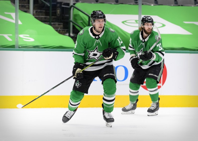 Mar 2, 2021; Dallas, Texas, USA; Dallas Stars defenseman Mark Pysyk (13) in action during the game  between the Dallas Stars and the Tampa Bay Lightning at the American Airlines Center. Mandatory Credit: Jerome Miron-USA TODAY Sports