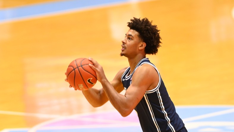 Mar 6, 2021; Chapel Hill, North Carolina, USA; Duke Blue Devils forward Jaemyn Brakefield (5) shoots in the second half at Dean E. Smith Center. Mandatory Credit: Bob Donnan-USA TODAY Sports