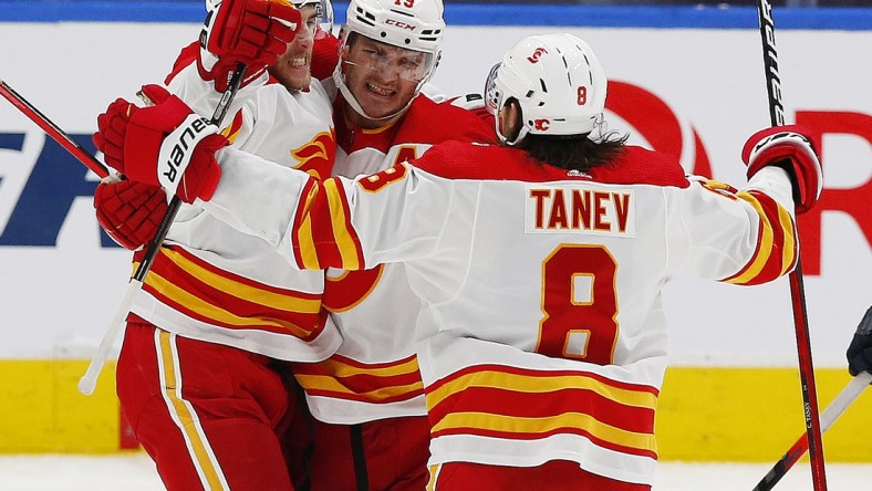 Mar 6, 2021; Edmonton, Alberta, CAN; Calgary Flames defensemen Noah Hanifin (55) celebrates after a third period goal against the Edmonton Oilers at Rogers Place. Mandatory Credit: Perry Nelson-USA TODAY Sports