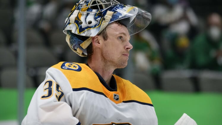 Mar 7, 2021; Dallas, Texas, USA; Nashville Predators goaltender Pekka Rinne (35) reacts to giving up three goals during the third period against the Dallas Stars at the American Airlines Center. Mandatory Credit: Jerome Miron-USA TODAY Sports