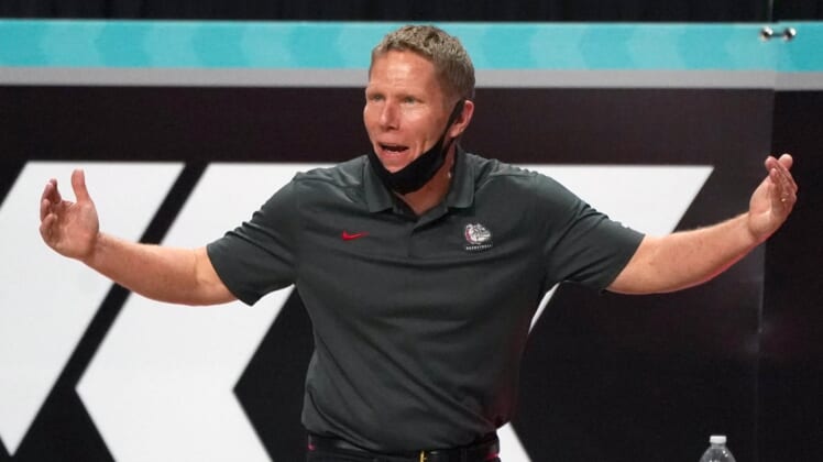 Mar 8, 2021; Las Vegas, NV, USA; Gonzaga Bulldogs head coach Mark Few reacts in the second half of a West Coast Conference tournament semifinal against the St. Mary's Gaels at Orleans Arena. Gonzaga defeated St. Mary's 78-52.  Mandatory Credit: Kirby Lee-USA TODAY Sports