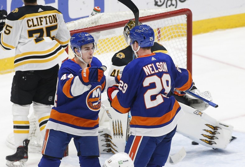 Mar 9, 2021; Uniondale, New York, USA; New York Islanders center Brock Nelson (29) is congratulated by center Jean-Gabriel Pageau (44) after scoring a goal against the Boston Bruins during the second period at Nassau Veterans Memorial Coliseum. Mandatory Credit: Andy Marlin-USA TODAY Sports