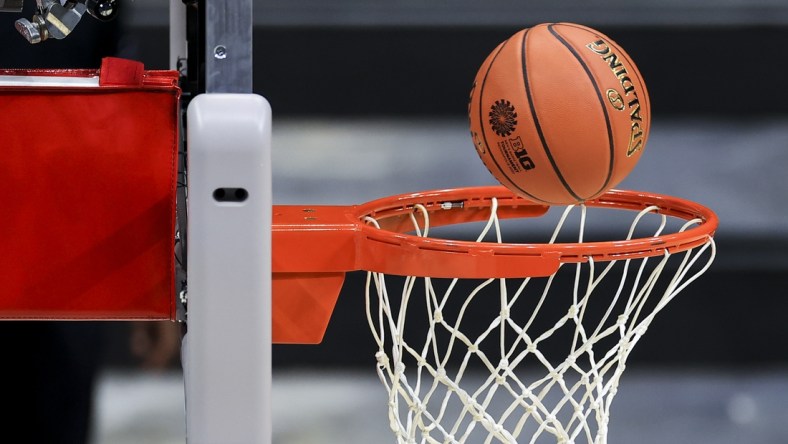 Mar 10, 2021; Indianapolis, Indiana, USA; A view of the official Big Ten Conference Tournament logo on the Spalding game ball during the game between the Minnesota Golden Gophers and the Northwestern Wildcats in the second half at Lucas Oil Stadium. Mandatory Credit: Aaron Doster-USA TODAY Sports