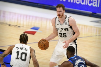 Mar 10, 2021; Dallas, Texas, USA; San Antonio Spurs center Jakob Poeltl (25) in action during the game between the Dallas Mavericks and the San Antonio Spurs at the American Airlines Center. Mandatory Credit: Jerome Miron-USA TODAY Sports