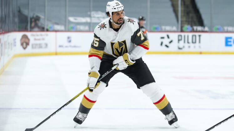 Mar 8, 2021; Saint Paul, Minnesota, USA; Vegas Golden Knights right wing Ryan Reaves (75) skates with the puck in the first period during a game against the Minnesota Wild at Xcel Energy Center. Mandatory Credit: David Berding-USA TODAY Sports