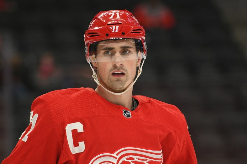 Mar 11, 2021; Detroit, Michigan, USA; Detroit Red Wings center Dylan Larkin (71) during the game against the Tampa Bay Lightning at Little Caesars Arena. Mandatory Credit: Tim Fuller-USA TODAY Sports