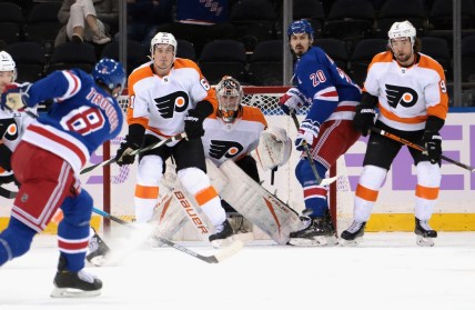 Mar 15, 2021; New York, New York, USA; Carter Hart #79 of the Philadelphia Flyers braces for a first period shot from Jacob Trouba #8 of the New York Rangers at Madison Square Garden on March 15, 2021 in New York City.  Mandatory Credit:  Bruce Bennett/POOL PHOTOS-USA TODAY Sports