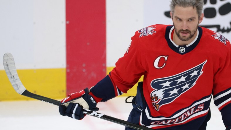 Mar 16, 2021; Washington, District of Columbia, USA; Washington Capitals left wing Alex Ovechkin (8) skates during warmups prior to the Capitals' game against the New York Islanders at Capital One Arena. Mandatory Credit: Geoff Burke-USA TODAY Sports