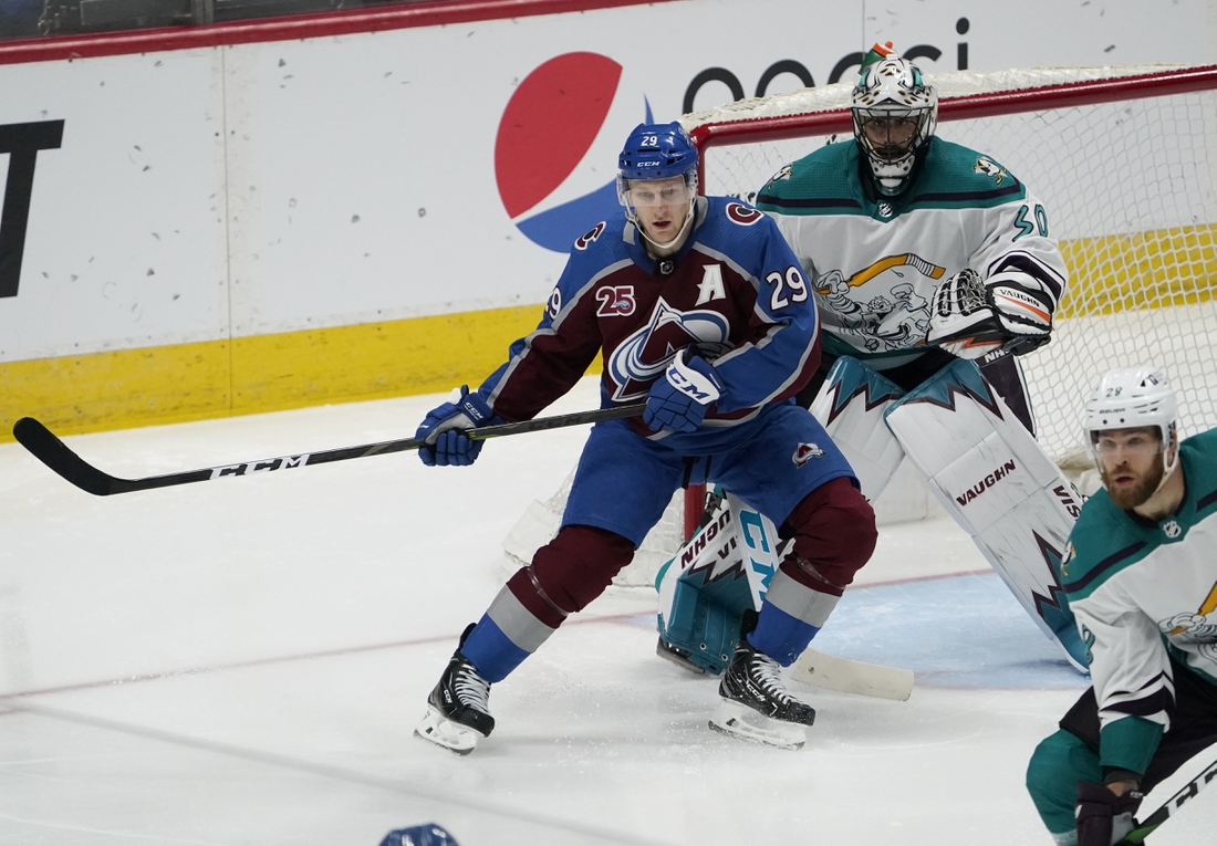 Mar 16, 2021; Denver, Colorado, USA; Colorado Avalanche center Nathan MacKinnon (29) looks for a pass infant of Anaheim Ducks goaltender Ryan Miller (30) in the third period at Ball Arena. Mandatory Credit: Ron Chenoy-USA TODAY Sports