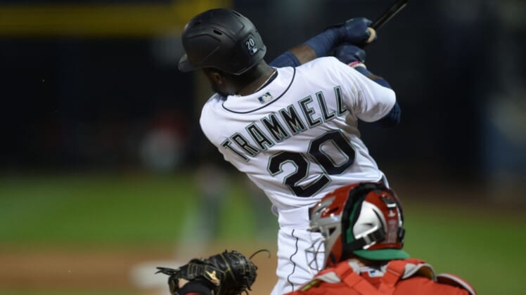 Mar 17, 2021; Peoria, Arizona, USA; Seattle Mariners center fielder Taylor Trammell (20) bats against the Los Angeles Angels during the second inning of a spring training game at Peoria Sports Complex. Mandatory Credit: Joe Camporeale-USA TODAY Sports
