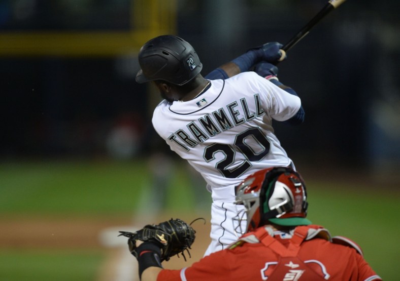Mar 17, 2021; Peoria, Arizona, USA; Seattle Mariners center fielder Taylor Trammell (20) bats against the Los Angeles Angels during the second inning of a spring training game at Peoria Sports Complex. Mandatory Credit: Joe Camporeale-USA TODAY Sports