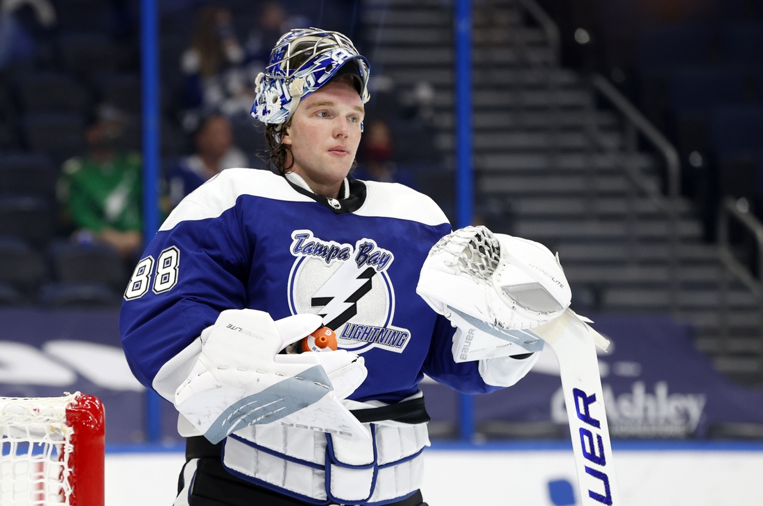 Mar 18, 2021; Tampa, Florida, USA;Tampa Bay Lightning goaltender Andrei Vasilevskiy (88) against the Chicago Blackhawks during the second period at Amalie Arena. Mandatory Credit: Kim Klement-USA TODAY Sports