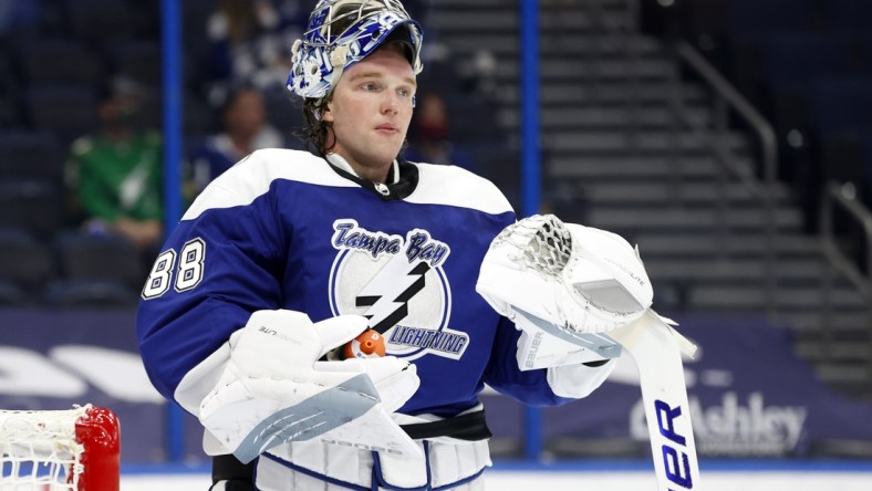 Mar 18, 2021; Tampa, Florida, USA;Tampa Bay Lightning goaltender Andrei Vasilevskiy (88) against the Chicago Blackhawks during the second period at Amalie Arena. Mandatory Credit: Kim Klement-USA TODAY Sports