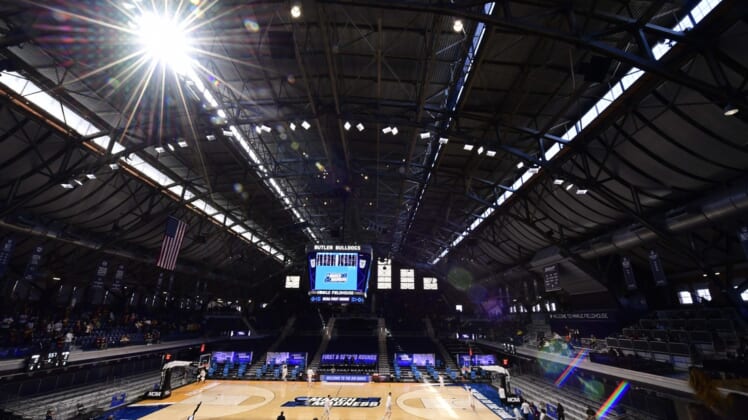 Mar 19, 2021; Indianapolis, Indiana, USA; A general view before the first round of the 2021 NCAA Tournament between Georgia Tech at Loyola at Hinkle Fieldhouse. Mandatory Credit: Marc Lebryk-USA TODAY Sports