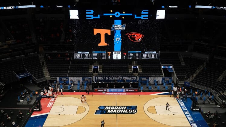 Mar 19, 2021; Indianapolis, Indiana, USA; A general view if Bankers Life Fieldhouse before the game between the Oregon State Beavers and the Tennessee Volunteers in the first round of the 2021 NCAA Tournament. Mandatory Credit: Kirby Lee-USA TODAY Sports