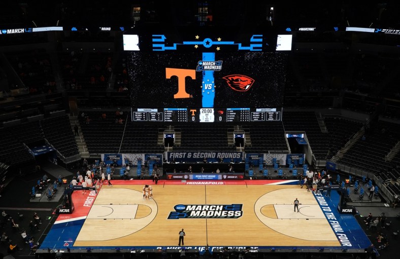 Mar 19, 2021; Indianapolis, Indiana, USA; A general view if Bankers Life Fieldhouse before the game between the Oregon State Beavers and the Tennessee Volunteers in the first round of the 2021 NCAA Tournament. Mandatory Credit: Kirby Lee-USA TODAY Sports