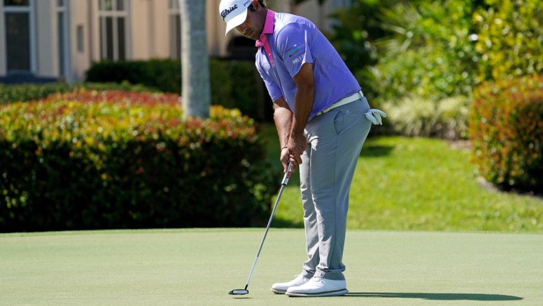 Mar 19, 2021; Palm Beach Gardens, Florida, USA; Rafael Campos putts on the 17th green during the second round of The Honda Classic golf tournament at PGA National (Champion). Mandatory Credit: Jasen Vinlove-USA TODAY Sports