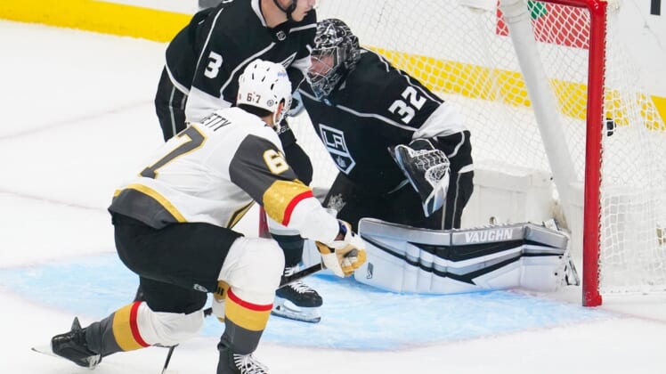 Mar 19, 2021; Los Angeles, California, USA; Vegas Golden Knights left wing Max Pacioretty (67) puts the puck in the back of the net as he beats Los Angeles Kings goaltender Jonathan Quick (32) during the first period at Staples Center. Mandatory Credit: Robert Hanashiro-USA TODAY Sports