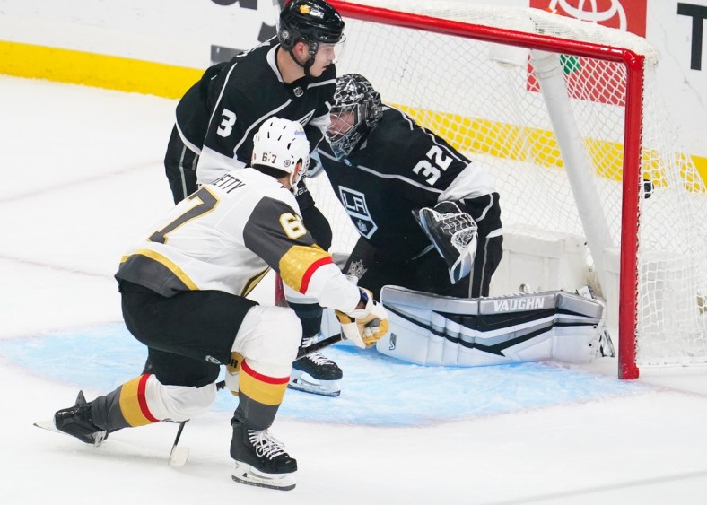 Mar 19, 2021; Los Angeles, California, USA; Vegas Golden Knights left wing Max Pacioretty (67) puts the puck in the back of the net as he beats Los Angeles Kings goaltender Jonathan Quick (32) during the first period at Staples Center. Mandatory Credit: Robert Hanashiro-USA TODAY Sports