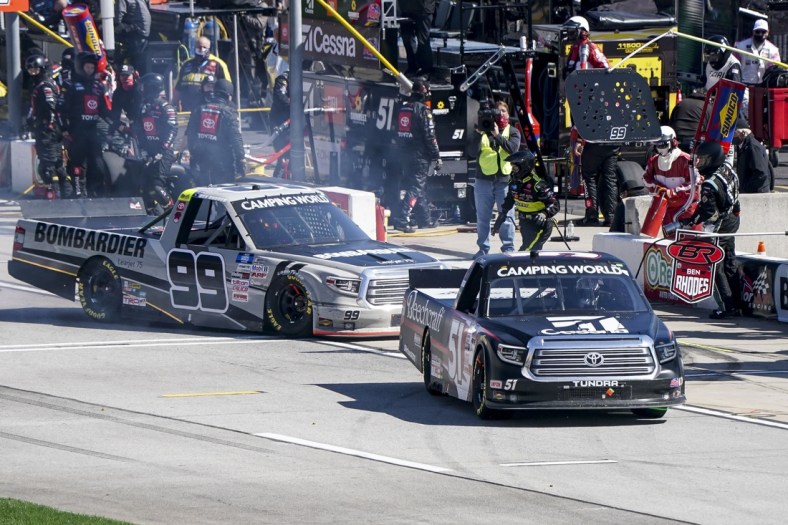Mar 20, 2021; Hampton, GA, USA; NASCAR Gander RV and Outdoors Truck Series driver Kyle Busch (51) leaves the pit at Atlanta Motor Speedway. Mandatory Credit: Marvin Gentry-USA TODAY Sports
