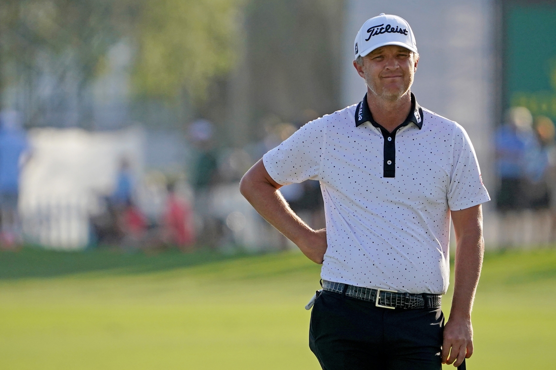 Mar 20, 2021; Palm Beach Gardens, Florida, USA; Matt Jones stands on the 18th green during the third round of The Honda Classic golf tournament. Mandatory Credit: Jasen Vinlove-USA TODAY Sports