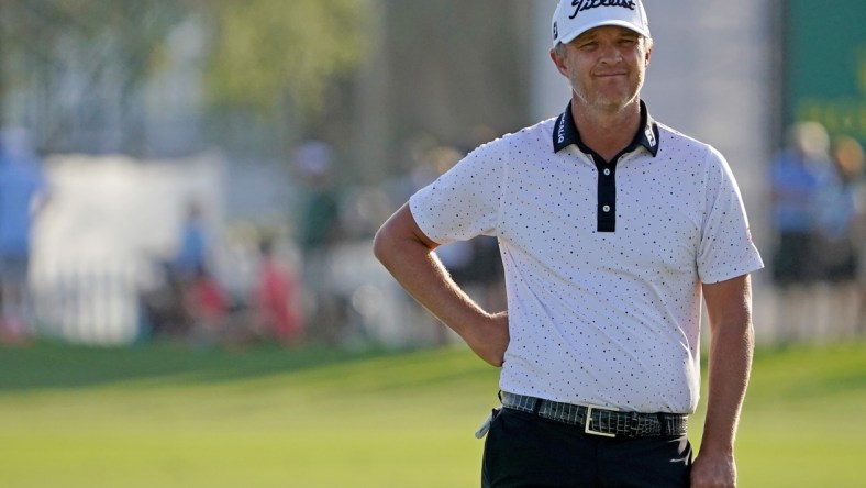 Mar 20, 2021; Palm Beach Gardens, Florida, USA; Matt Jones stands on the 18th green during the third round of The Honda Classic golf tournament. Mandatory Credit: Jasen Vinlove-USA TODAY Sports