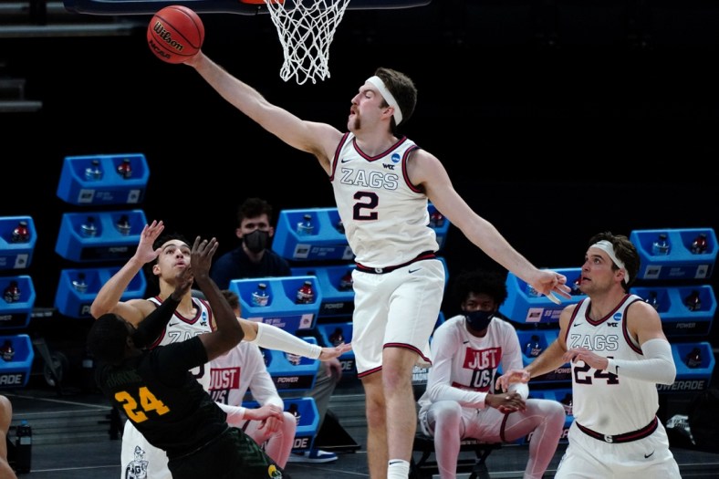 Mar 20, 2021; Indianapolis, Indiana, USA; Gonzaga Bulldogs forward Drew Timme (2) blocks a shot by Norfolk State Spartans guard Jalen Hawkins (24) during the first half in the first round of the 2021 NCAA Tournament at Bankers Life Fieldhouse. Mandatory Credit: Kirby Lee-USA TODAY Sports