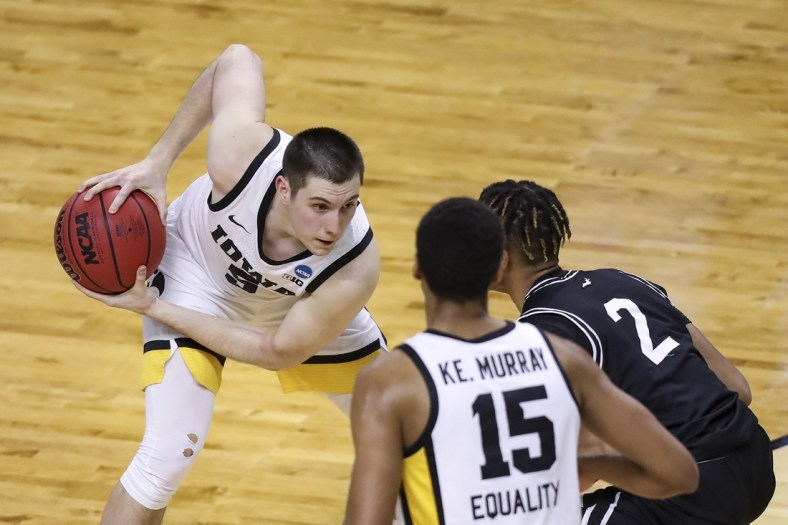 Mar 20, 2021; Indianapolis, IN, USA; Grand Canyon Antelopes guard Chance McMillian (2) guards Iowa Hawkeyes guard CJ Fredrick (5) during the first round of the 2021 NCAA Tournament at Indiana Farmers Coliseum.  Mandatory Credit: Katie Stratman-USA TODAY Sports
