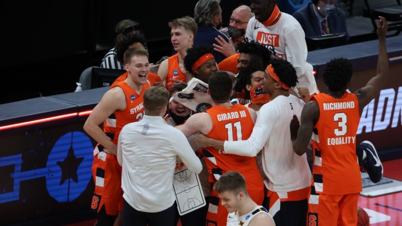 Mar 21, 2021; Indianapolis, Indiana, USA; Syracuse Orange reacts to drafting the West Virginia Mountaineers in the second round of the 2021 NCAA Tournament at Bankers Life Fieldhouse. Mandatory Credit: Trevor Ruszkowski-USA TODAY Sports