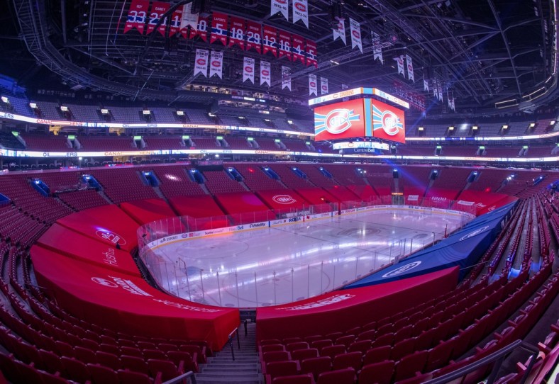 Mar 22, 2021; Montreal, Quebec, CAN; General view of the Bell Center as the Montreal Canadiens team announced that the game against Edmonton Oilers has been cancelled. Mandatory Credit: Jean-Yves Ahern-USA TODAY Sports