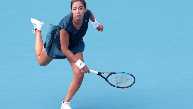 Mar 23, 2021; Miami, Florida, USA; Zarina Dayas of Kazakhstan reacts to missing a serves States (not pictured) in the first round of the Miami Open at Hard Rock Stadium. Mandatory Credit: Geoff Burke-USA TODAY Sports