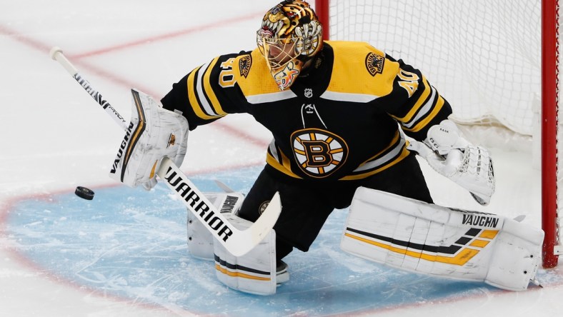 Mar 7, 2021; Boston, Massachusetts, USA; Boston Bruins goaltender Tuukka Rask (40) makes a save against the New Jersey Devils during the second period at TD Garden. Mandatory Credit: Winslow Townson-USA TODAY Sports